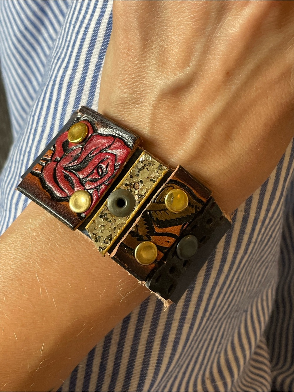 Handcrafted Leather Statement Bracelet with Red Rose Detail